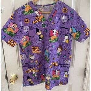 Peanuts Snoopy Woodstock Scrub Top Size S Halloween Spooky Pockets